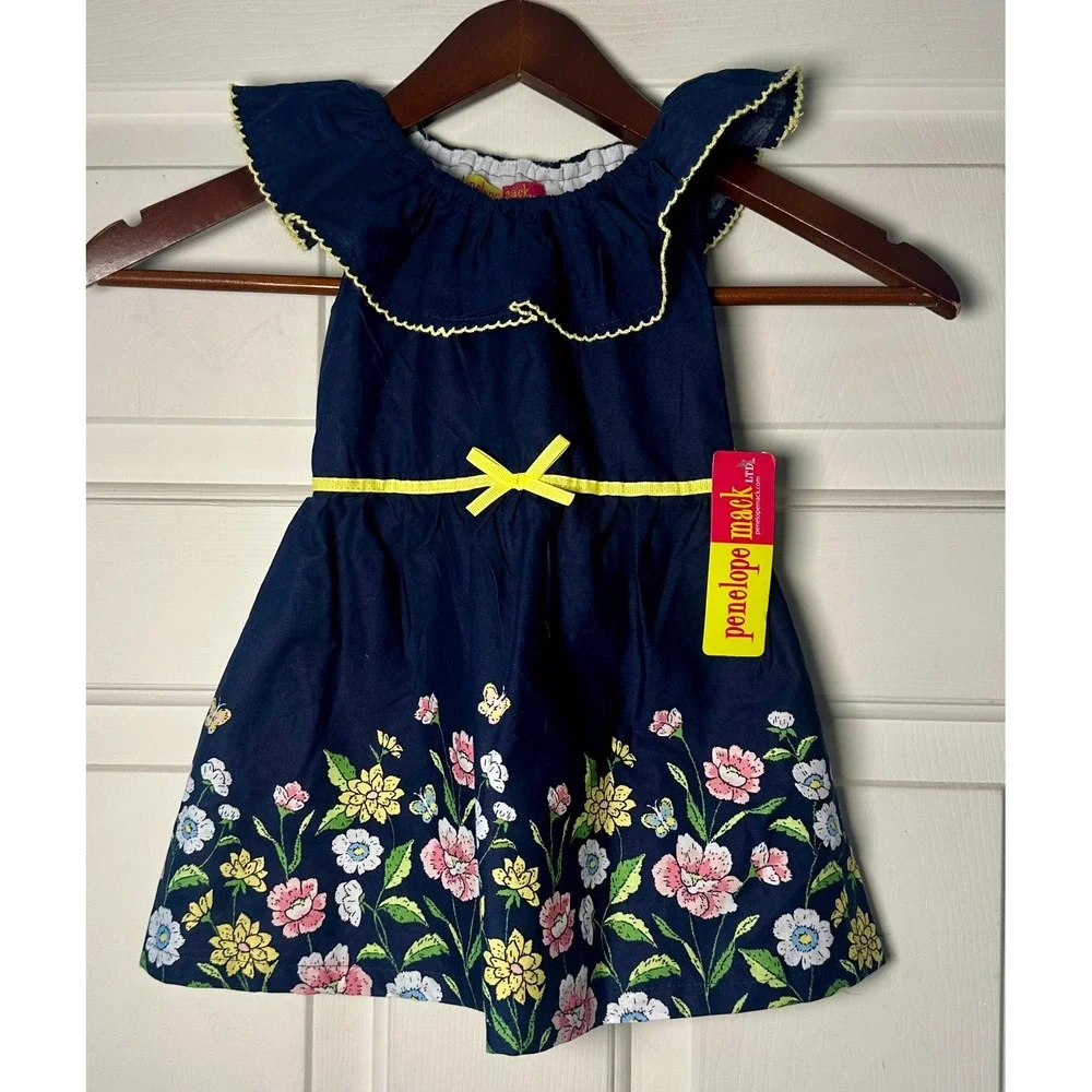 Penelope Mack‎ Navy Blue Floral Print 12 M Spring Dress with Yellow Trim NWT